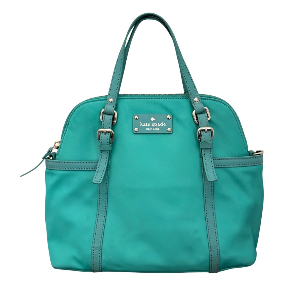 Kate Spade New York Nylon Satchel Tote Teal Green Leather Trim Handbag Purse
